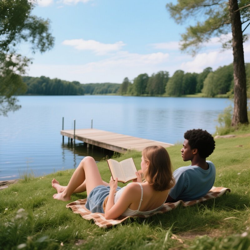 White And Black Friends Relaxing At A Lakeside
