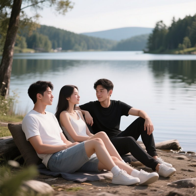 White And Black Friends Relaxing Together At A Lakeside.