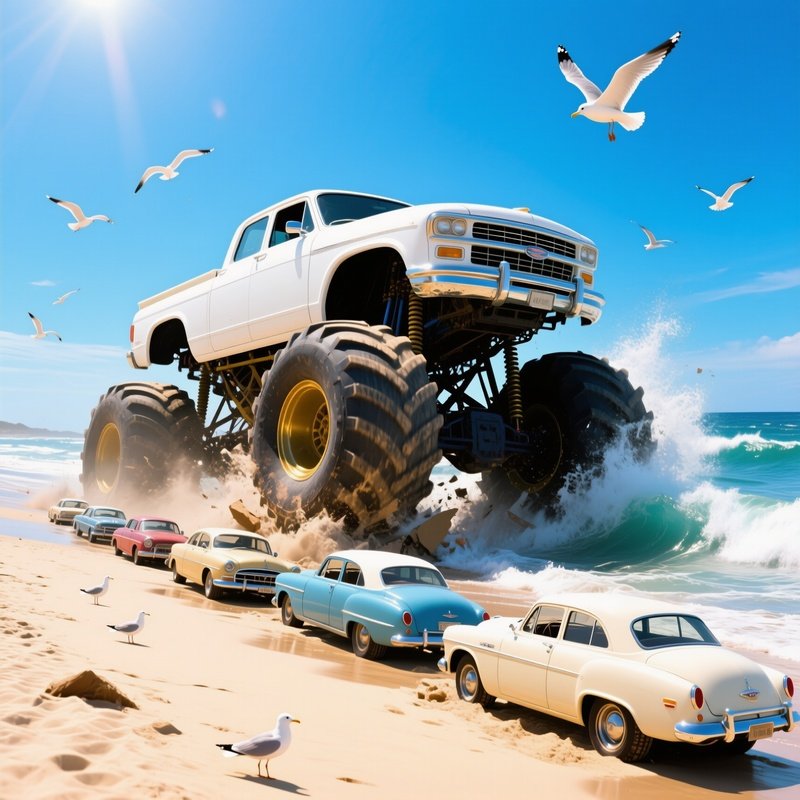 White Monster Truck Crushes Vintage Cars Beach