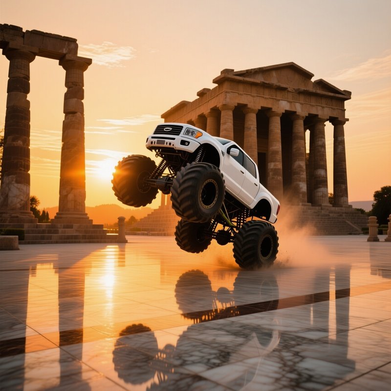 White Monster Truck Wheelie At Sunrise