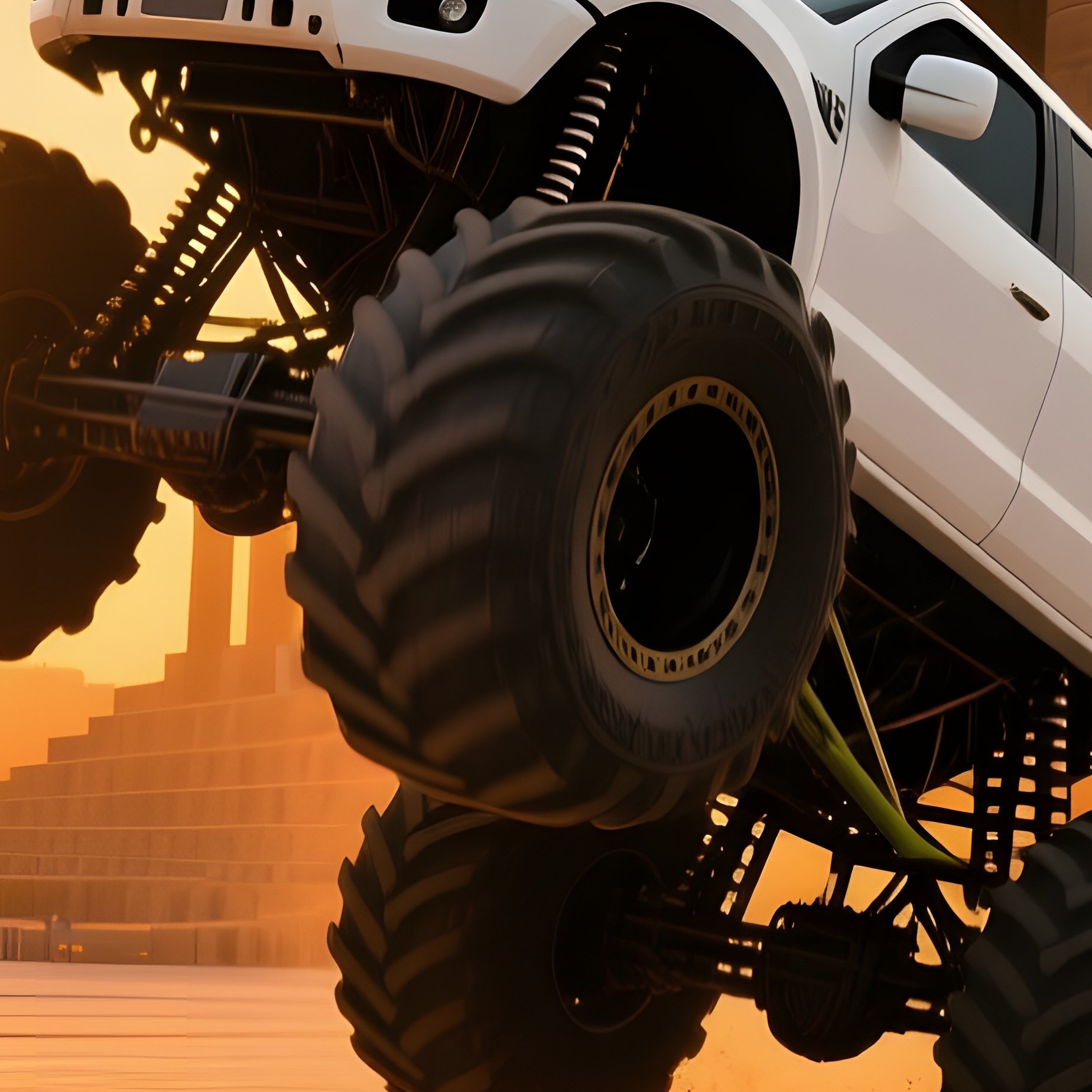 White Monster Truck Wheelie At Sunrise - Full Resolution Quality Preview
