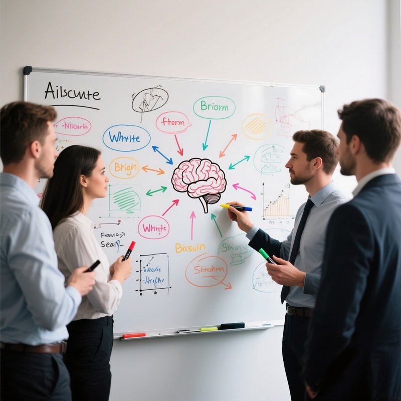 Whiteboard Brainstorm: A Team Standing Around A Whiteboard Covered In Mind Maps, Arrows, And Diagrams Drawn In Different Colored Markers.