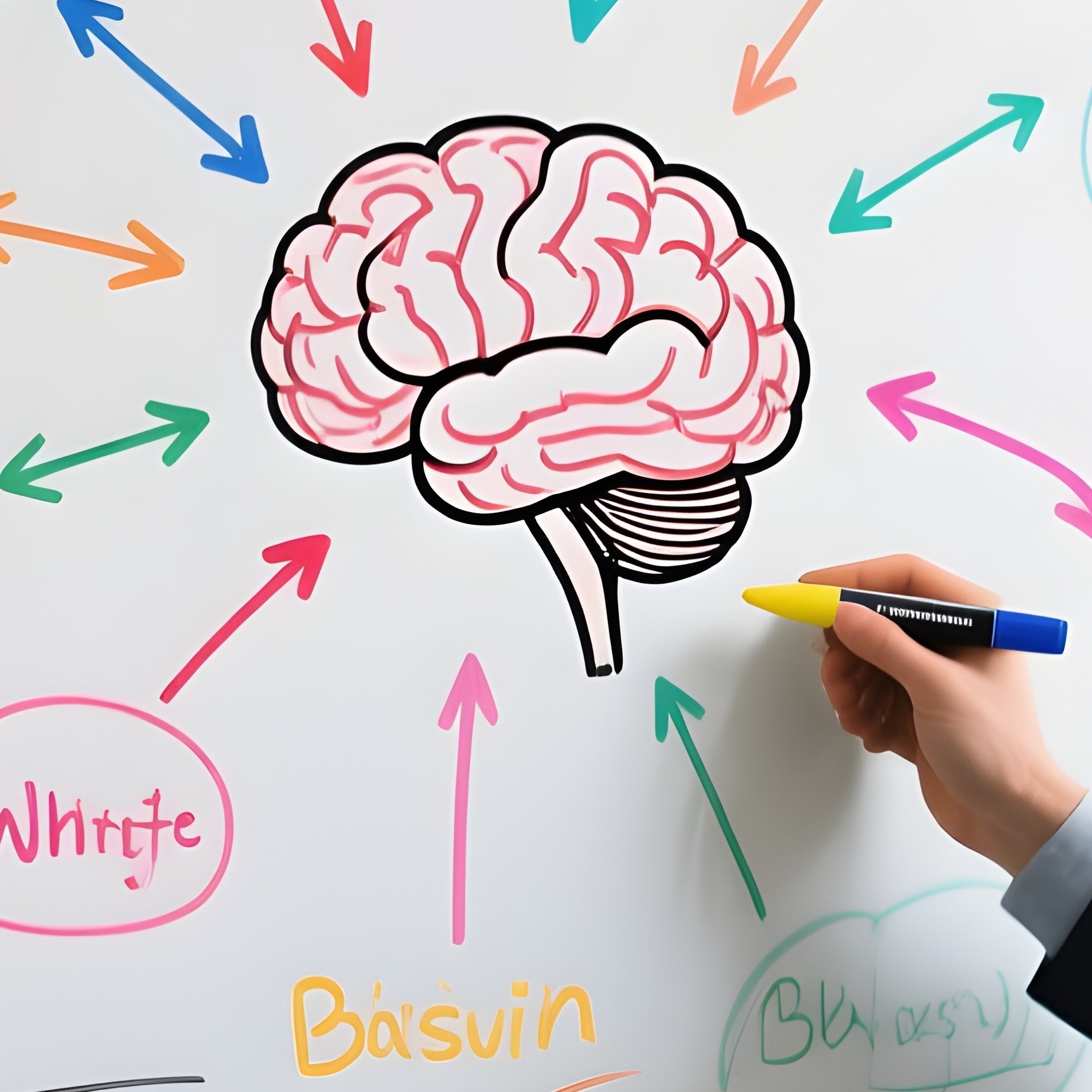 Whiteboard Brainstorm: A Team Standing Around A Whiteboard Covered In Mind Maps, Arrows, And Diagrams Drawn In Different Colored Markers. - Full Resolution Quality Preview