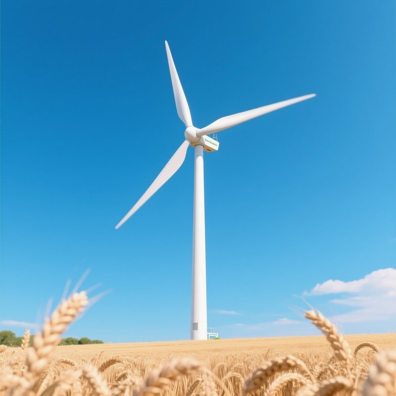 Wind Turbine: A Sleek White Wind Turbine Spinning Against A Clear Blue Sky, Placed In A Field Of Wheat, Symbolizing Green Energy Business.