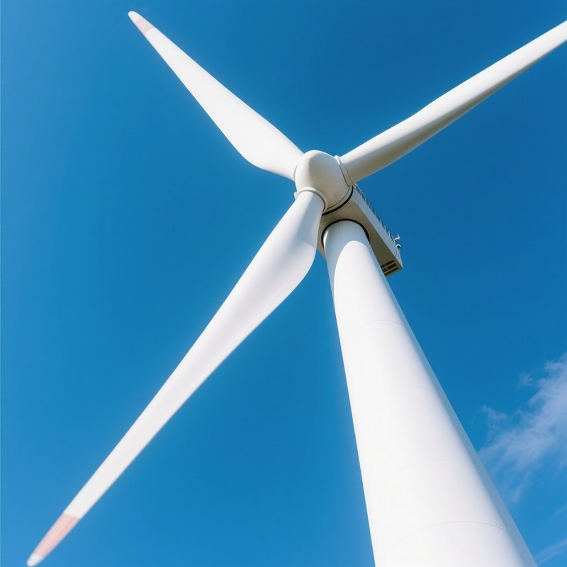 Wind Turbine Blade: A Dizzying Perspective Looking Up From The Base Of A Giant White Wind Turbine. The Blade Swoops Down, Cutting Through The Blue Sky.