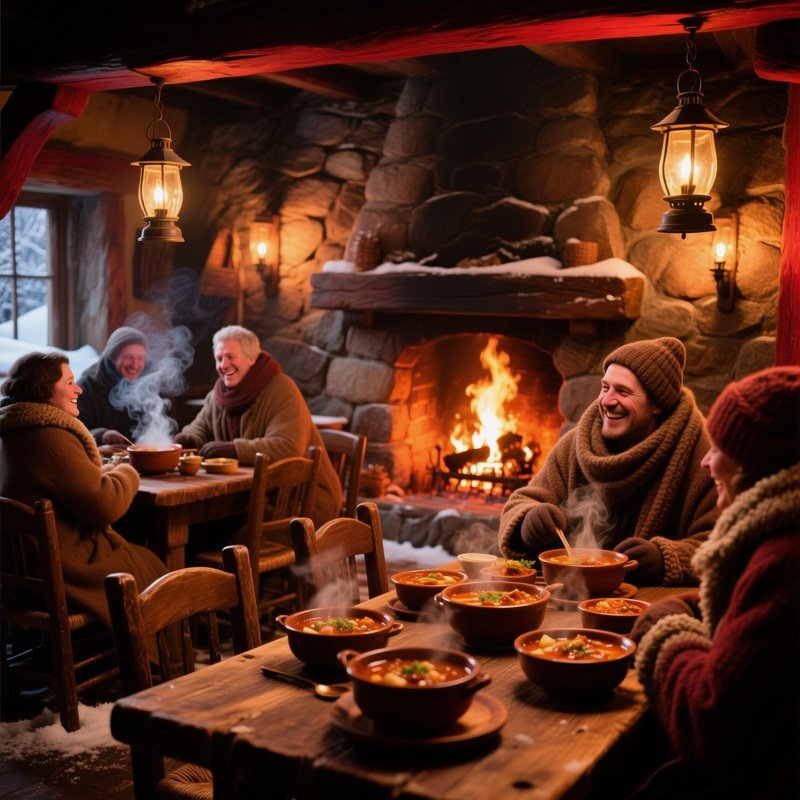 Winter Tavern Cozy Interior Fireplace Stone Walls Heavy Wooden Tables Hearty Stews