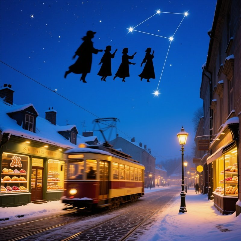 Winter Twilight Seven Sisters Silhouettes Streetcars Pastries