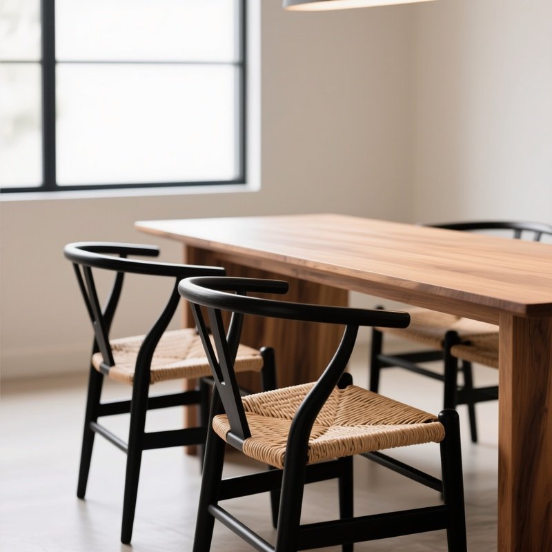 Wishbone Style Dining Chairs Black Wood Natural Woven Seats