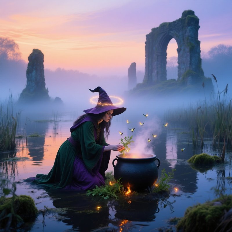 Witch In Misty Swamp At Dawn
