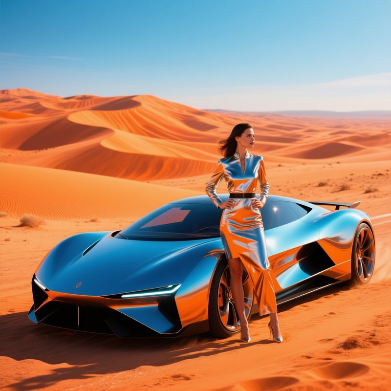 Woman With Supercar In Desert