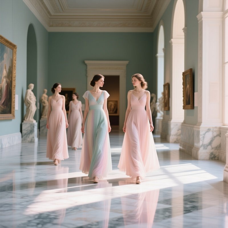 Women In Elegant Pastel Dresses Walking Through A Museum Hall