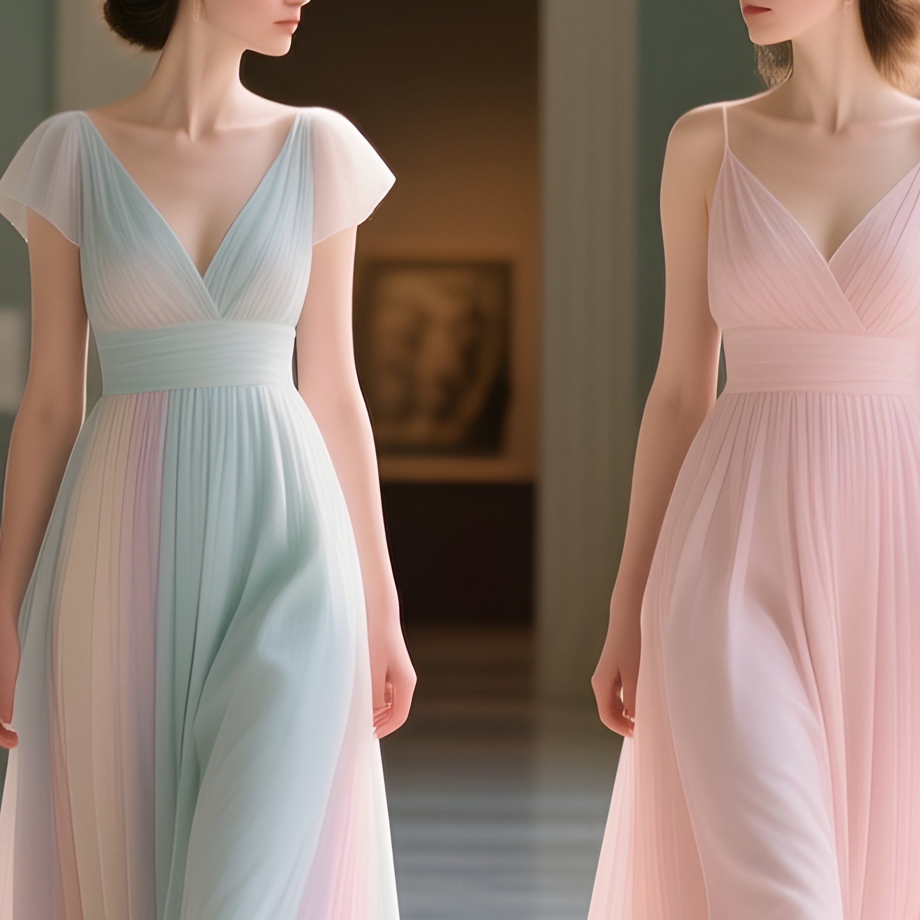 Women In Elegant Pastel Dresses Walking Through A Museum Hall - Full Resolution Quality Preview