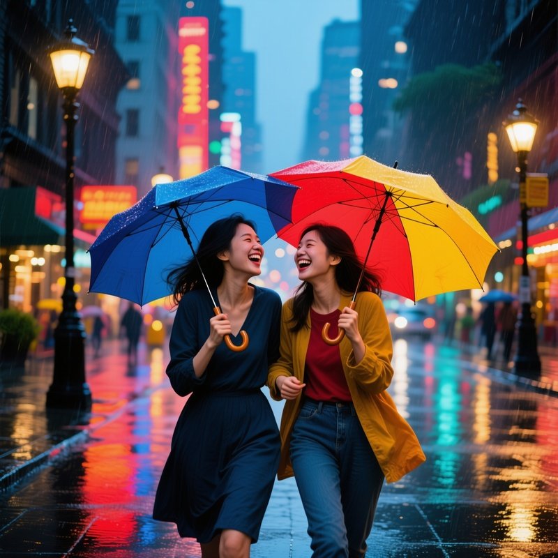 Women Laughing Under Umbrellas In The Rain