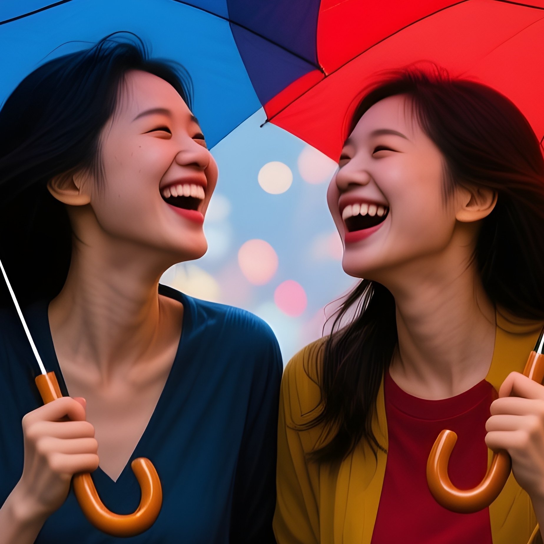 Women Laughing Under Umbrellas In The Rain - Full Resolution Quality Preview