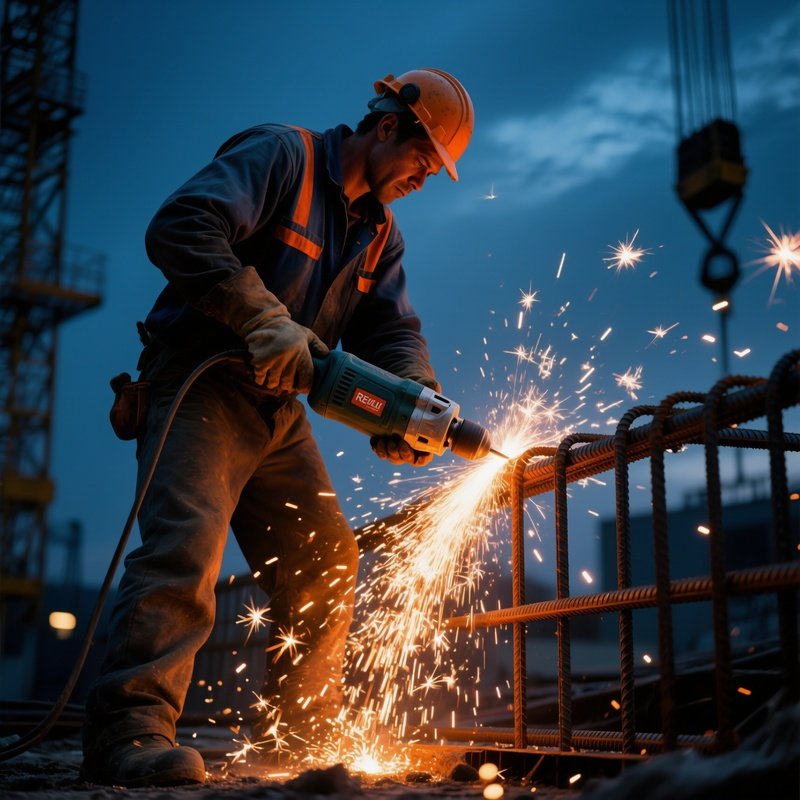 Worker Cutting Rebar Dusk Light