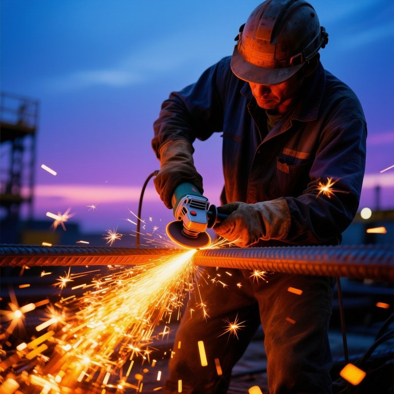 Worker Cutting Rebar Dusk Sky