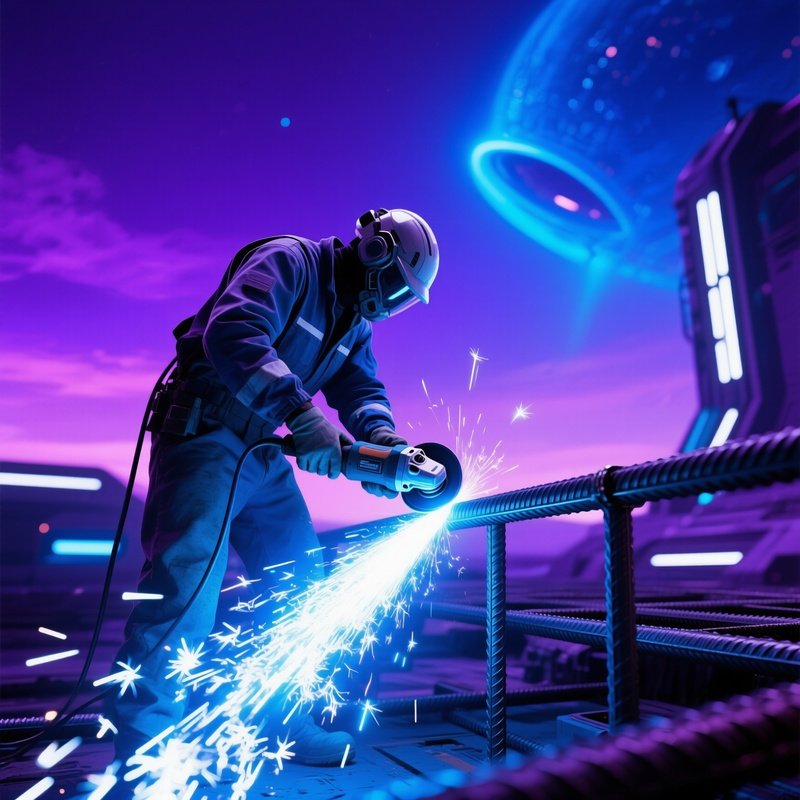 Worker Cutting Rebar Dusk Sky Alterna