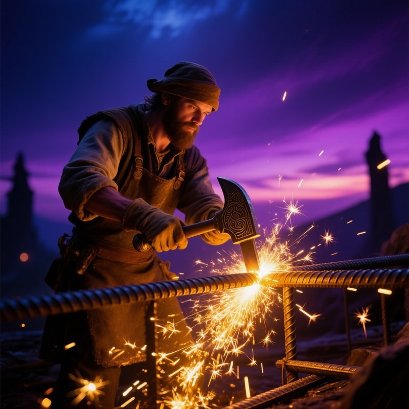 Worker Cutting Rebar Dusk Sky Mystical