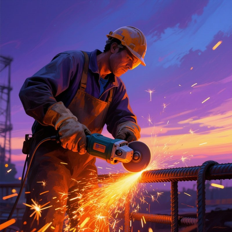 Worker Cutting Rebar Dusk Sky Science Art