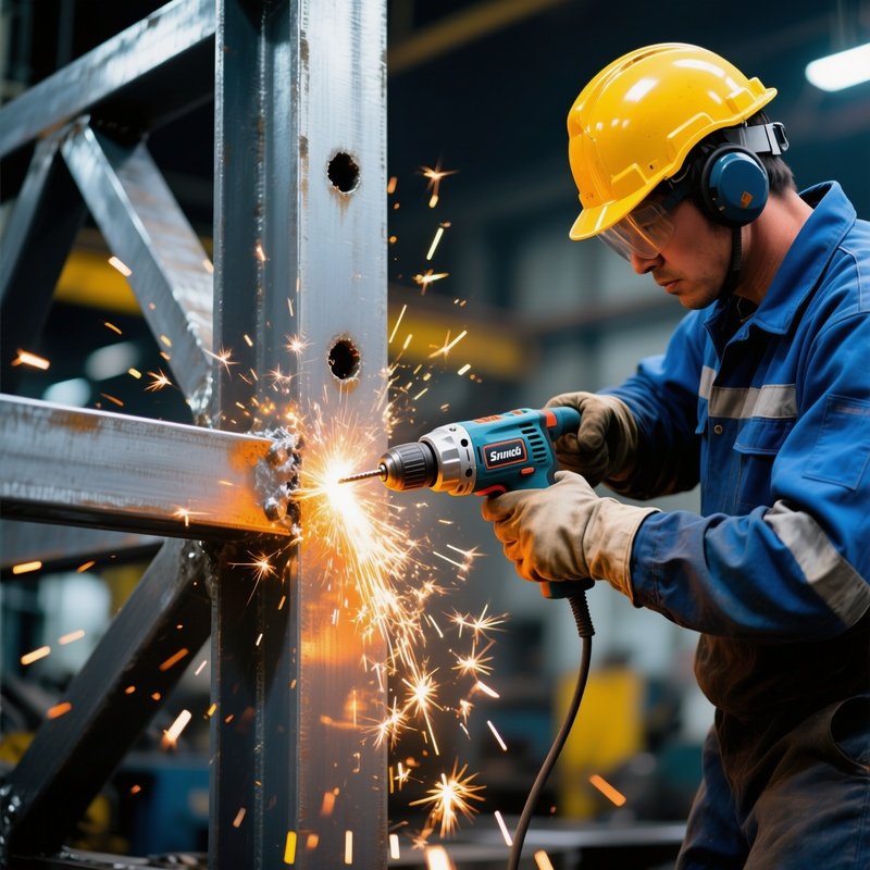 Worker Drilling Into Steel Frame Sparks Scattering