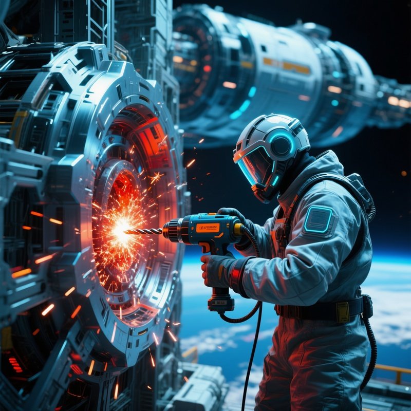 Worker Drilling Into Steel Frame Sparks Scattering Science Fiction