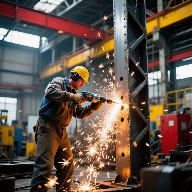 Worker Drilling Steel Frame Sparks Scattering