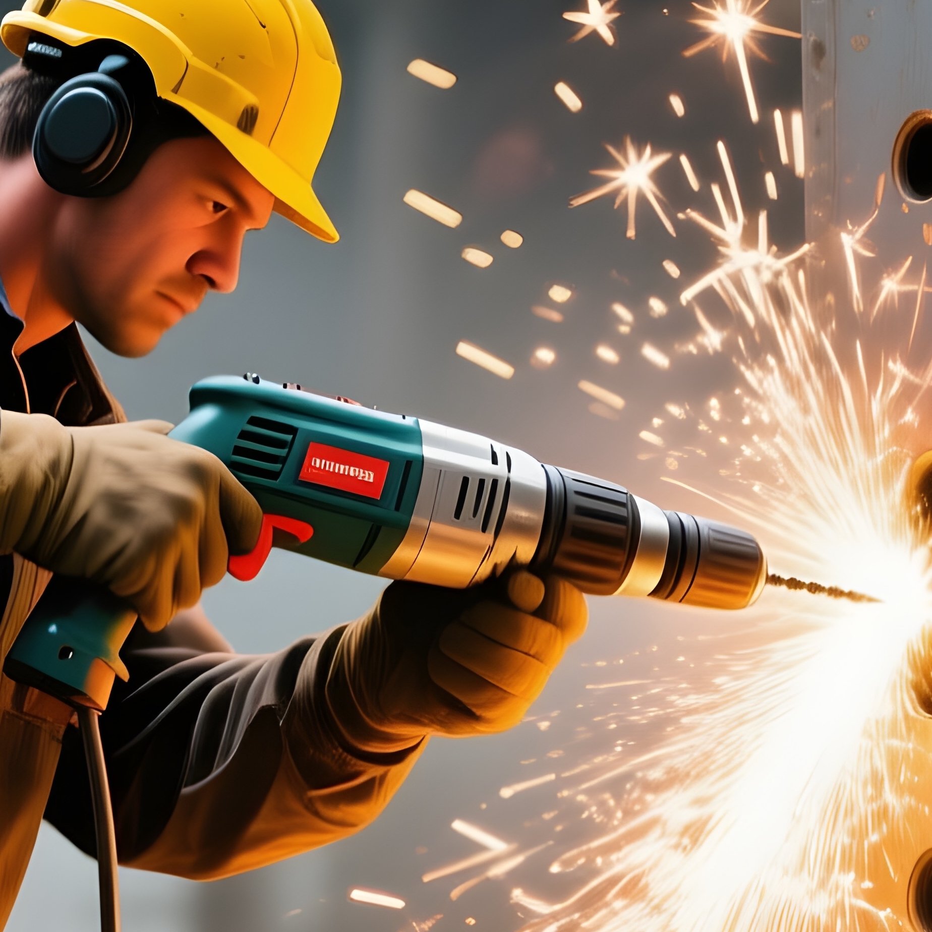 Worker Drilling Steel Frame Sparks Scattering - Full Resolution Quality Preview