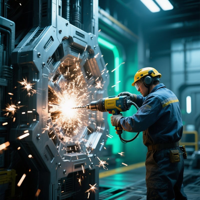 Worker Drilling Steel Frame Sparks Scattering Sci Fi