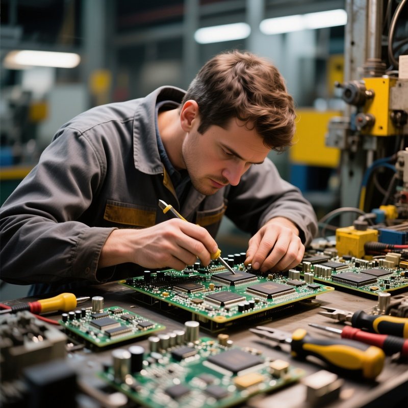 Worker Inspecting Circuit Boards
