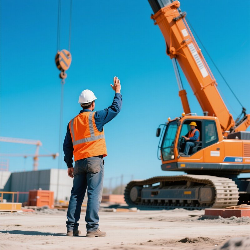 Worker Signaling To Crane Operator