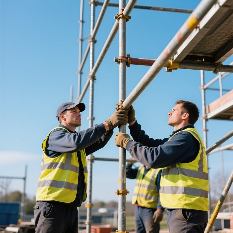 Workers Adjusting Scaffolding Poles