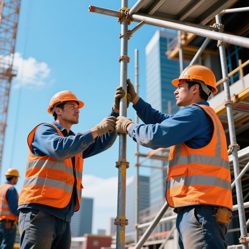 Workers Adjusting Scaffolding Poles