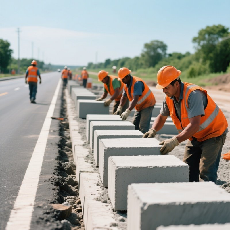 Workers Aligning Concrete Slabs On Road