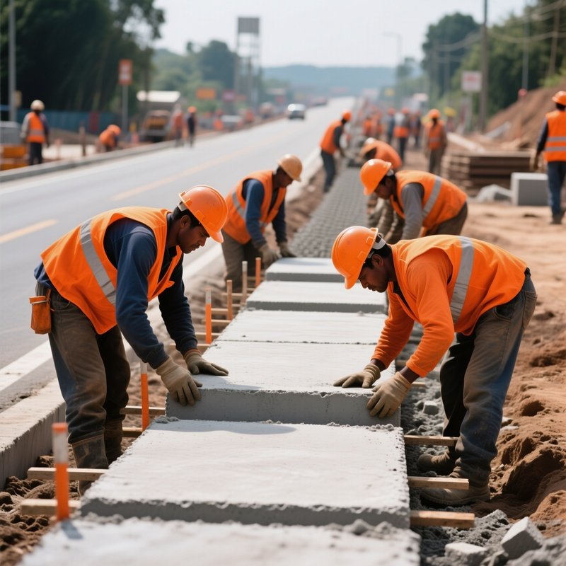 Workers Aligning Concrete Slabs On Road