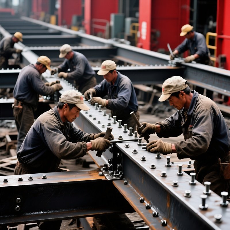 Workers Assembling Steel Girders Rivets Bolts