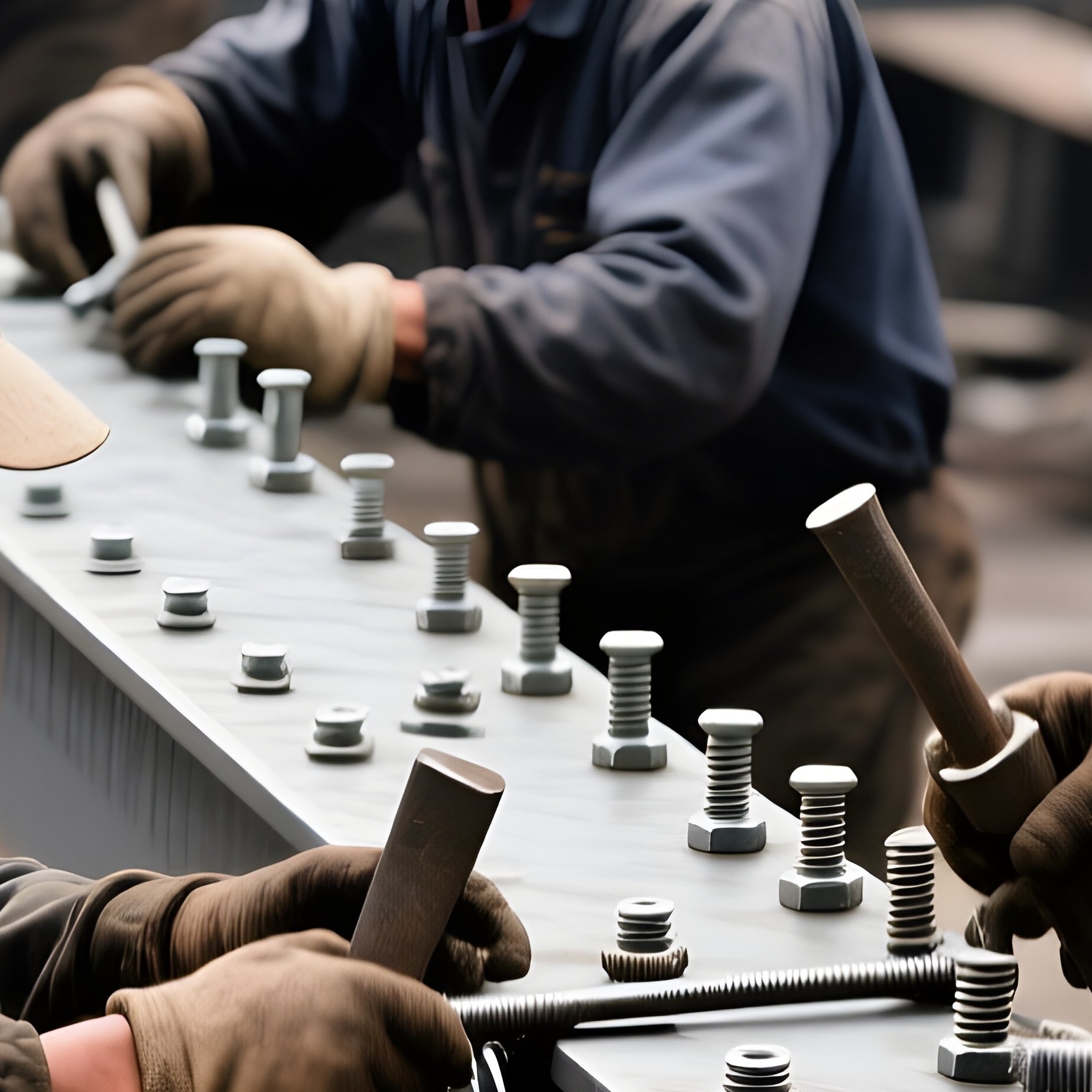 Workers Assembling Steel Girders Rivets Bolts - Full Resolution Quality Preview