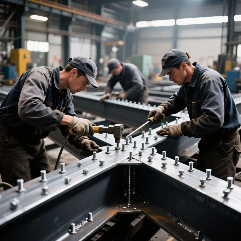 Workers Assembling Steel Girders With Rivets And Bolts