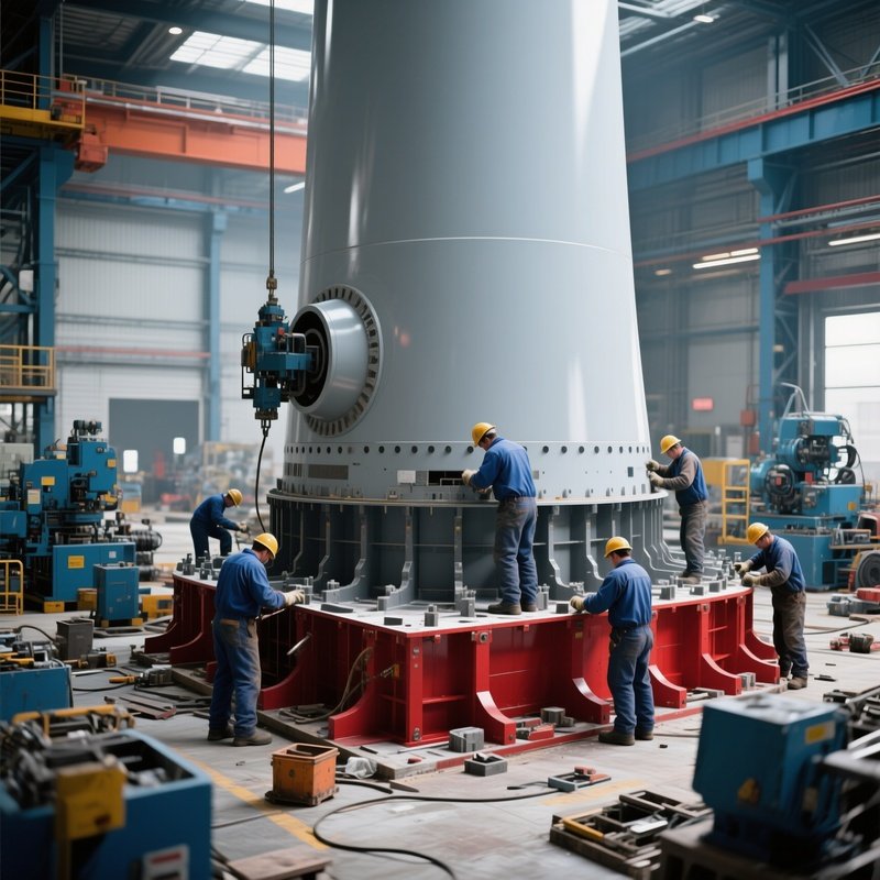 Workers Assembling Wind Turbine Base
