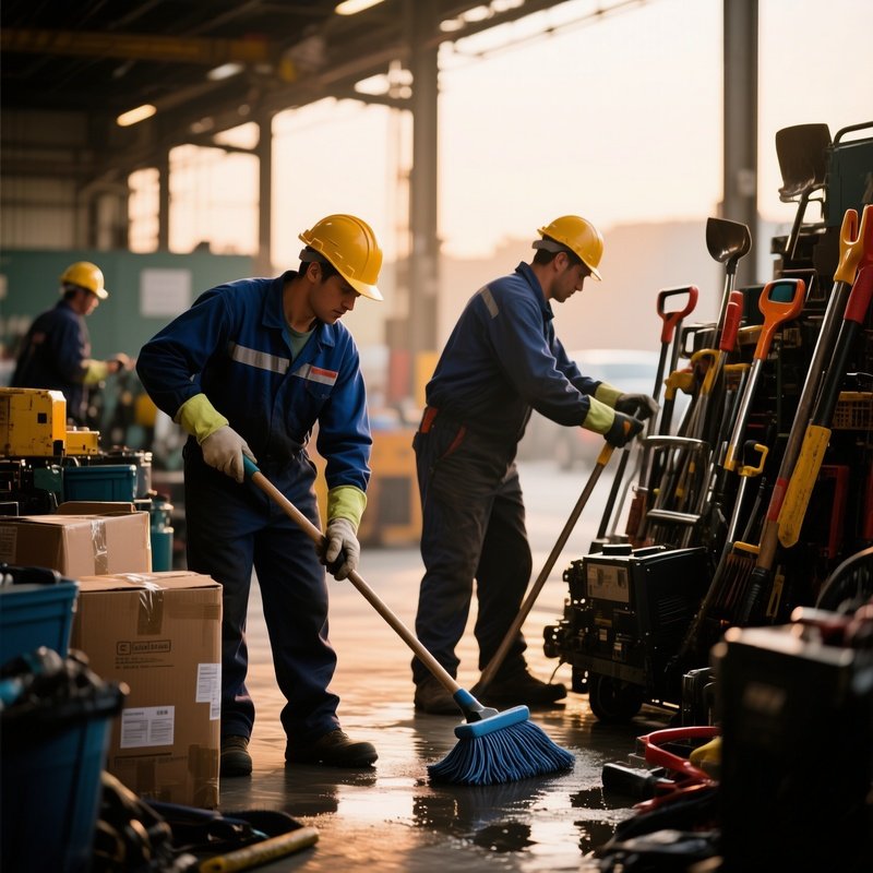 Workers Cleaning Tools Packing Equipment