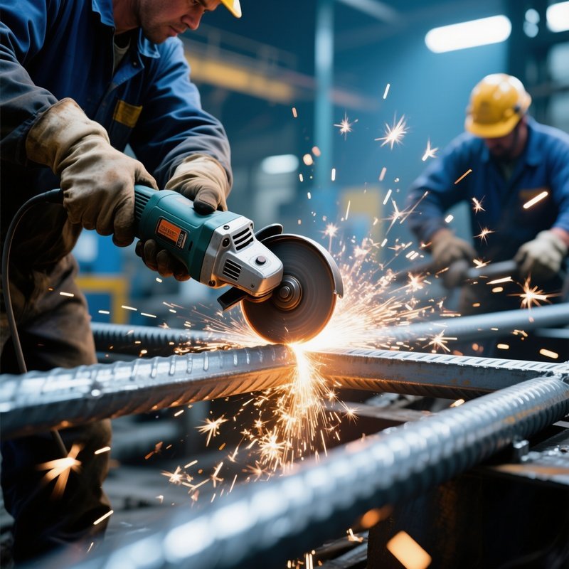 Workers Cutting Steel Rods With Angle Grinder