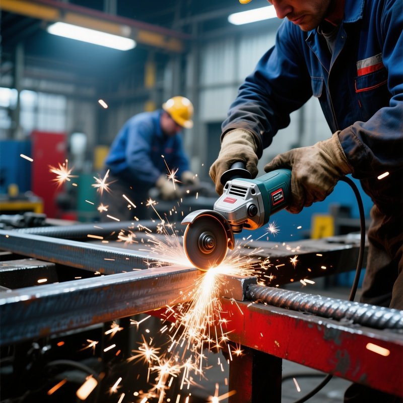 Workers Cutting Steel Rods With Angle Grinder