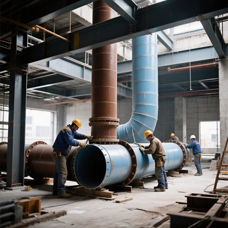 Workers Installing Ducts Inside Building Shell