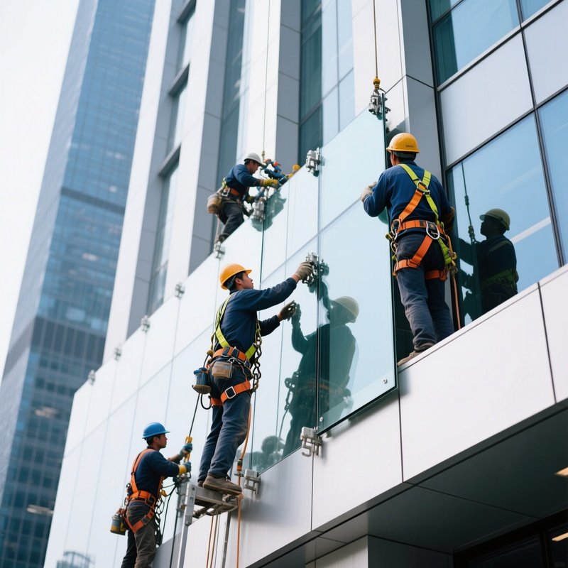 Workers Installing Glass Panels Modern Office Tower