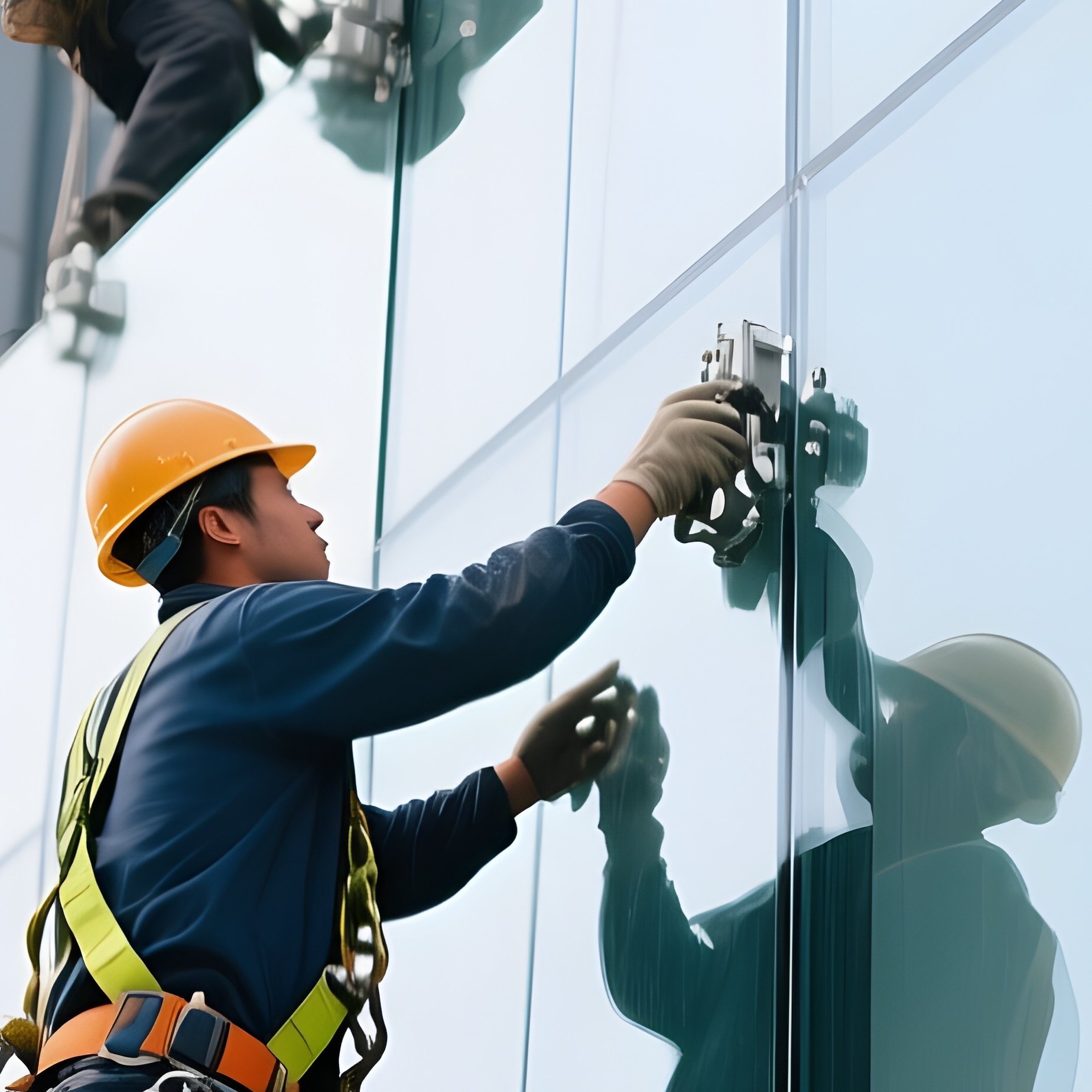 Workers Installing Glass Panels Modern Office Tower - Full Resolution Quality Preview