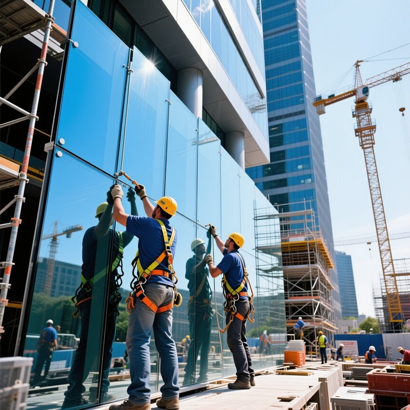 Workers Installing Glass Panels Modern Office Tower