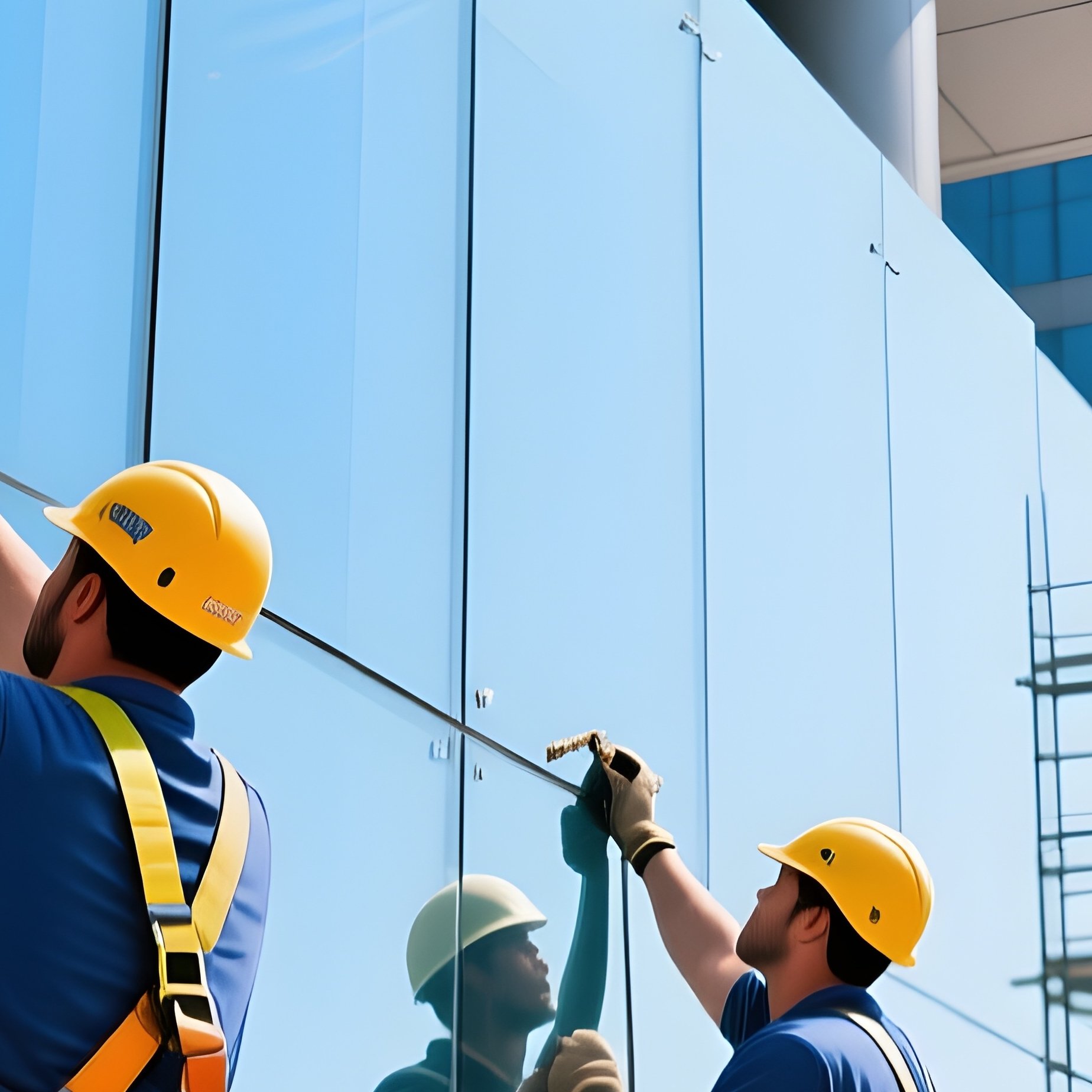 Workers Installing Glass Panels Modern Office Tower - Full Resolution Quality Preview