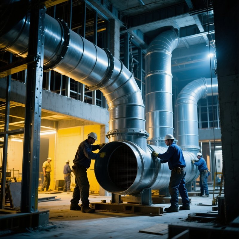 Workers Installing Large Ventilation Ducts Inside Building Shell