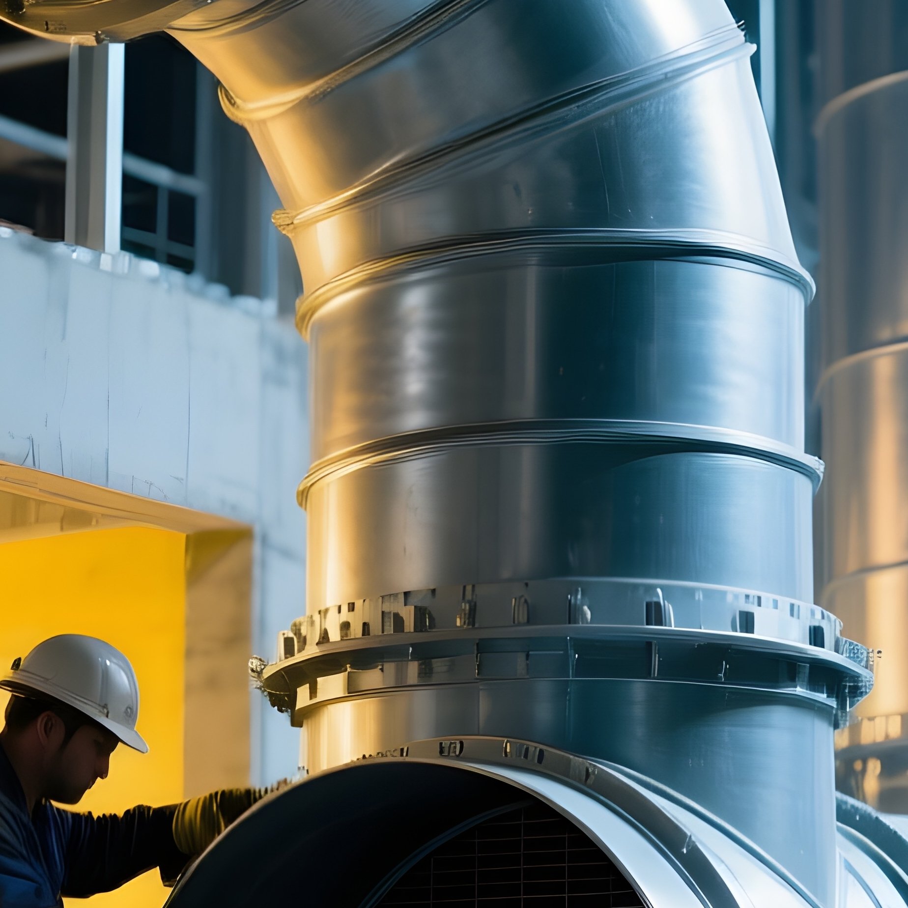 Workers Installing Large Ventilation Ducts Inside Building Shell - Full Resolution Quality Preview