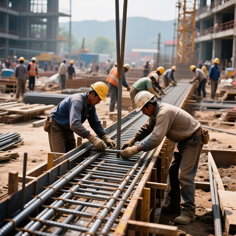 Workers Installing Rebar Concrete Pouring