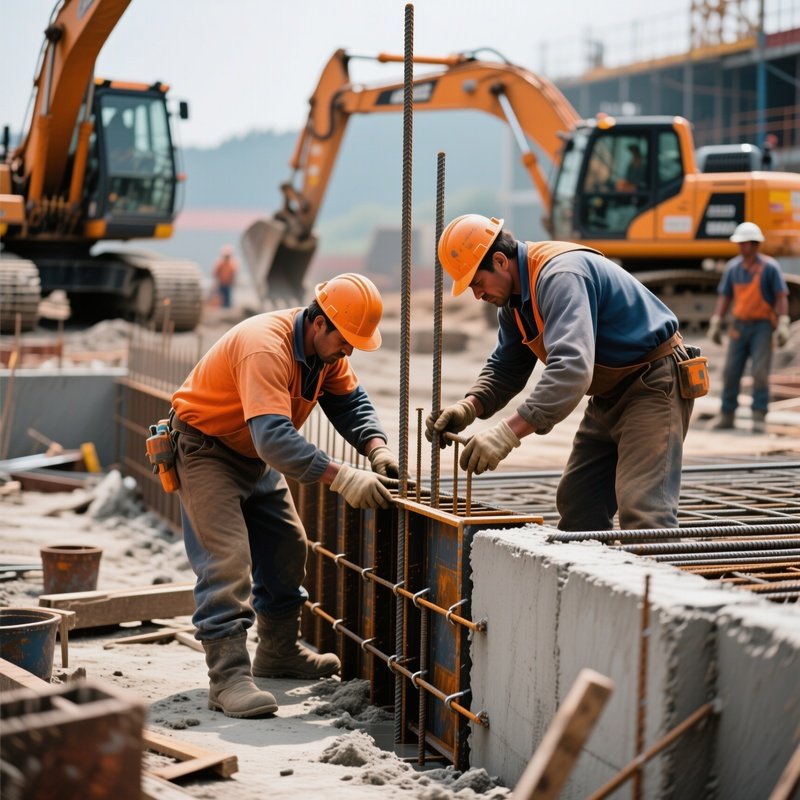 Workers Installing Rebar Pouring Concrete